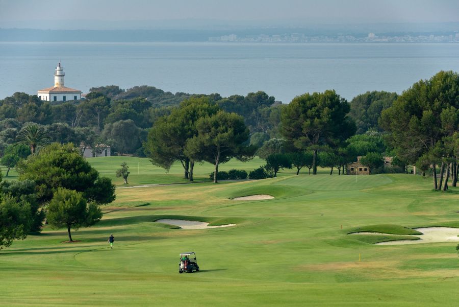 Sea in the distance beyond the trees at Alcanada Golf Course Mallorca, Spain