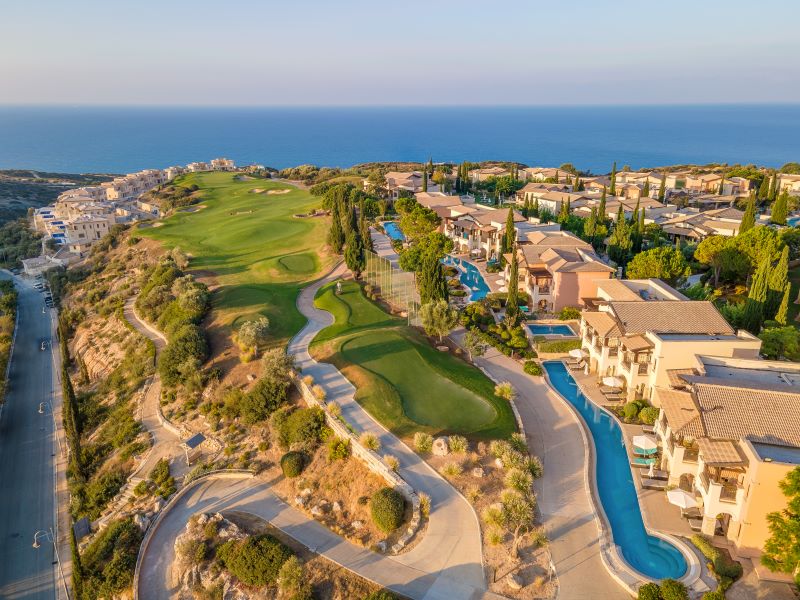 Blue sea and sky with golf course at Aphrodite Hills Golf Course