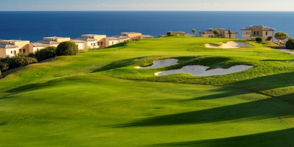 Aphrodite Hills Paphos Cyprus overlooking the sea with bunker protecting the green
