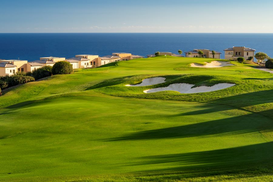 Aphrodite Hills Paphos Cyprus overlooking the sea with bunker protecting the green