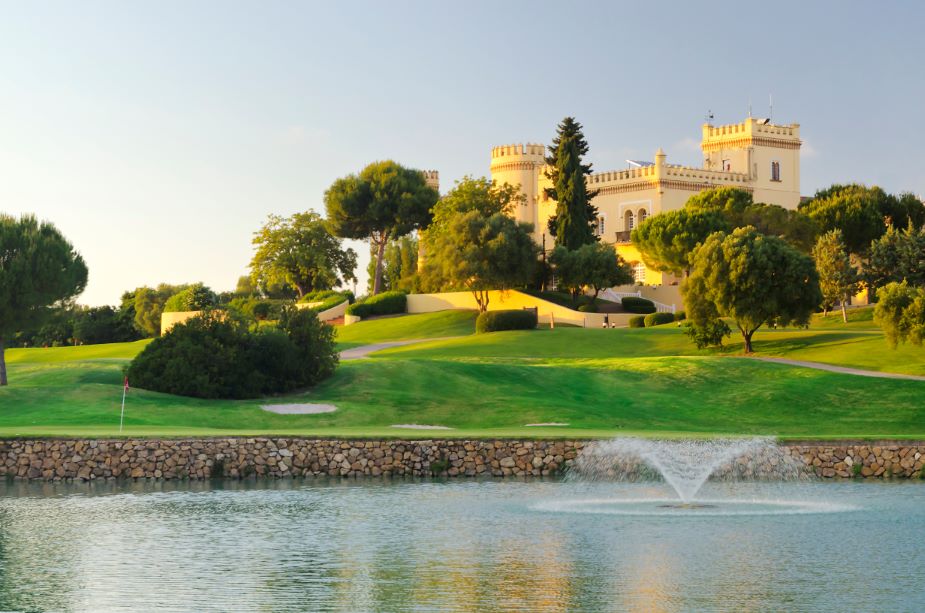 Fountain in lake next to the golf course at Montecastillo Golf Resort in Jerez, Spain