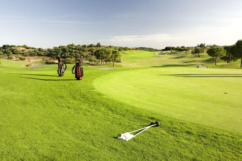 Golf bags and golf club placed on the grass of the putting green at Montecastillo golf course