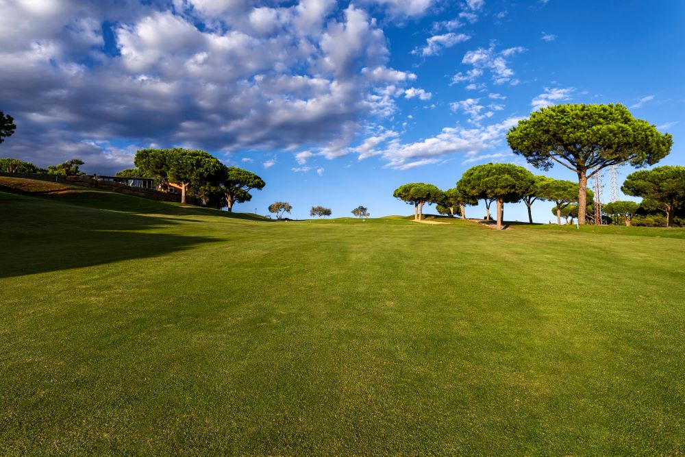 Fairway with blue sky and white clouds at Cabopino Golf in Marbella, Costa Del Sol