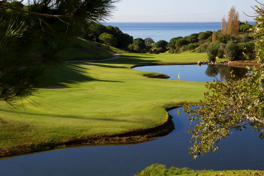 Lakes protecting the green at Cabopino Golf in Marbella, Costa Del Sol