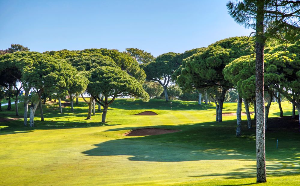Green fairway and trees with bunkers in the distance at Dom Pedro Golf Old Course