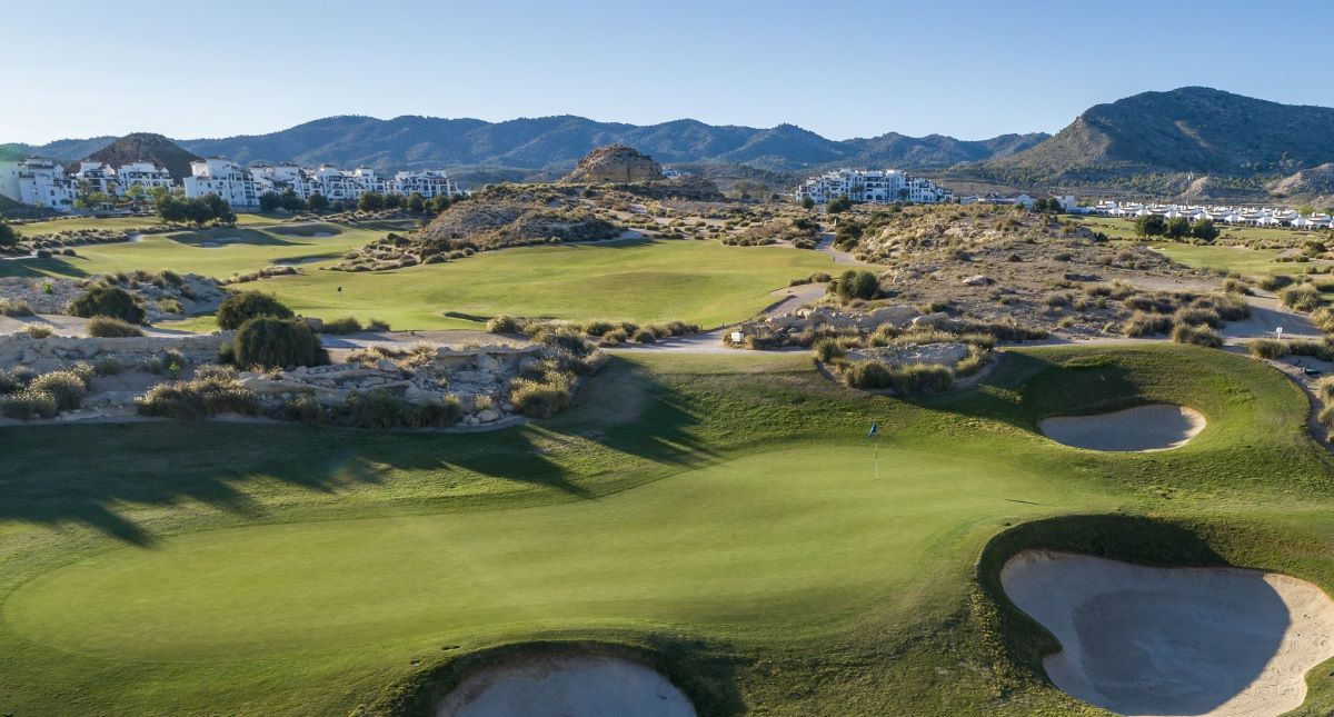 Putting green with bunkers protecting it at El Valle Golf Resort, Murcia, Spain