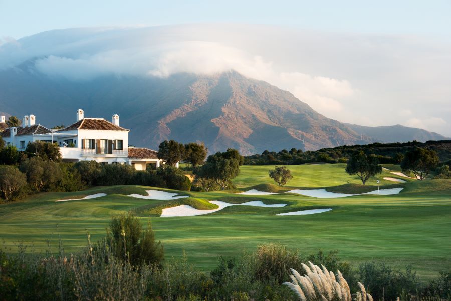 Mountains in the background at Finca Cortesin golf course in Costa Del Sol, Spain