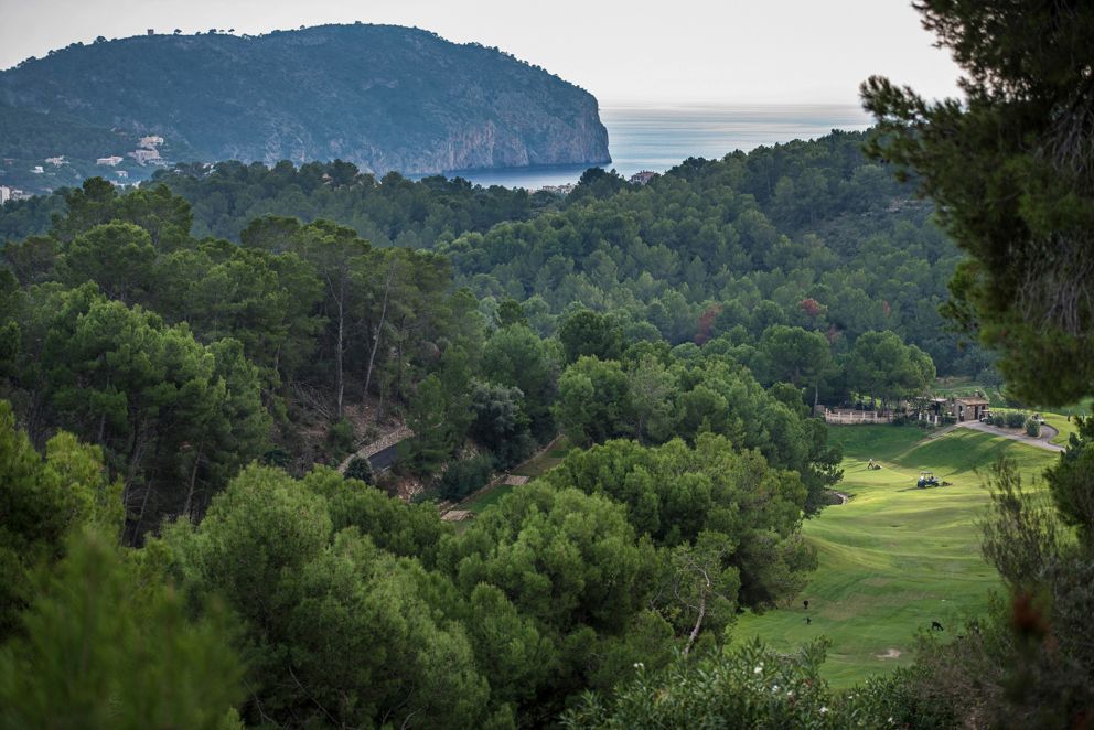 The sea in the distance between the golf course and forest at Golf De Andratx