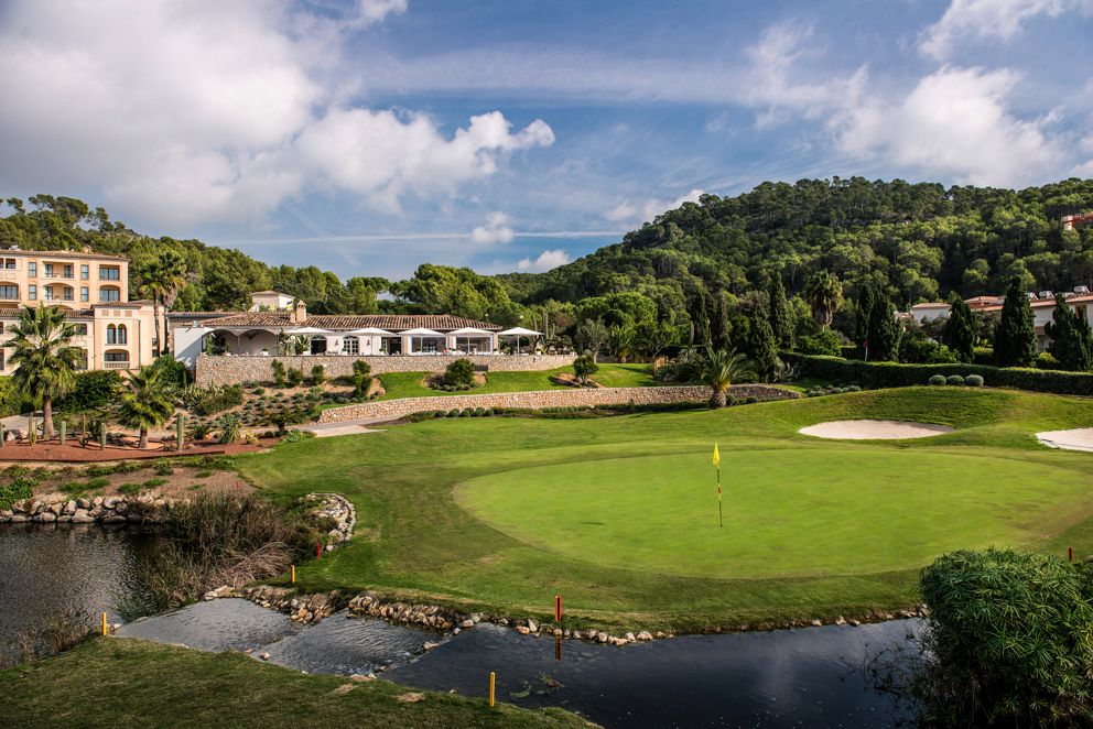 Green protected by stream at Golf De Andratx