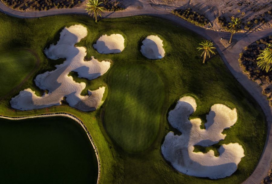 Multiple sand bunkers protecting the putting green at Hacienda Riquelme in Murcia