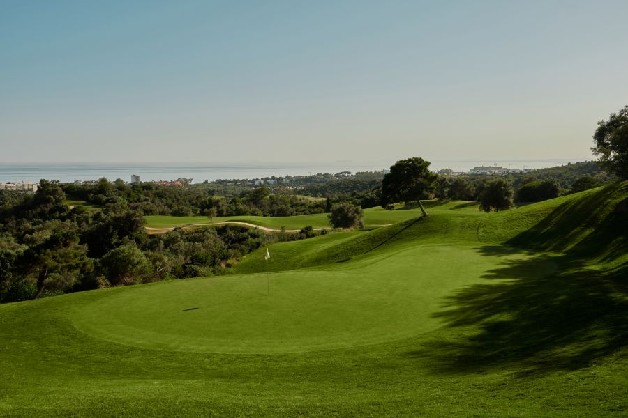 Putting green with flag and blue sky overhead at Higuerón Marbella Golf Resort