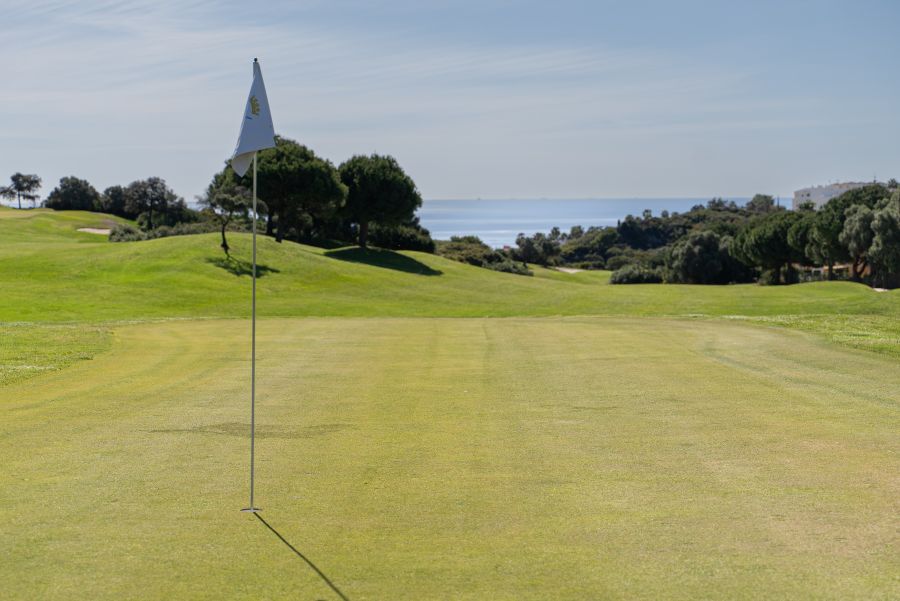 Flag on the putting green with the sea in the distance at La Duquesa Golf Club