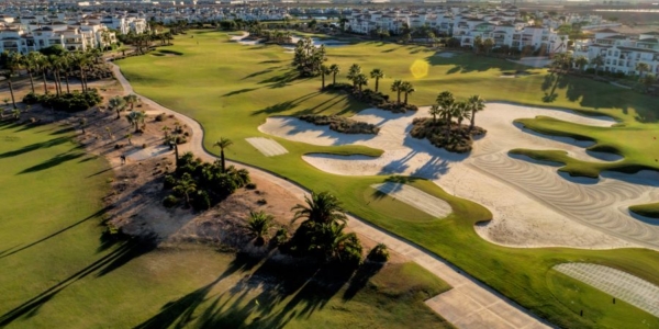 La Torre Golf Course in Murcia, Spain, from the air with bunkers protecting the putting green