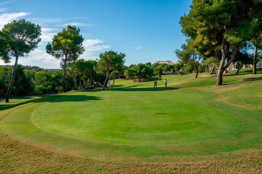 Lush green putting area on golf course with blue sky overhead at Las Ramblas