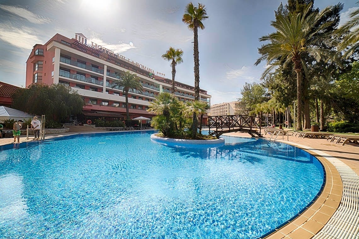 Bridge over swimming pool at Ohtels Vila-Romana in Salou, Costa Dorada