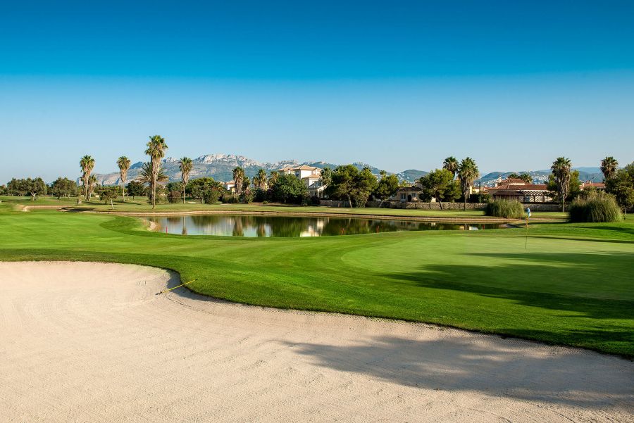 Large sand bunker at Oliva Nova golf course in Spain