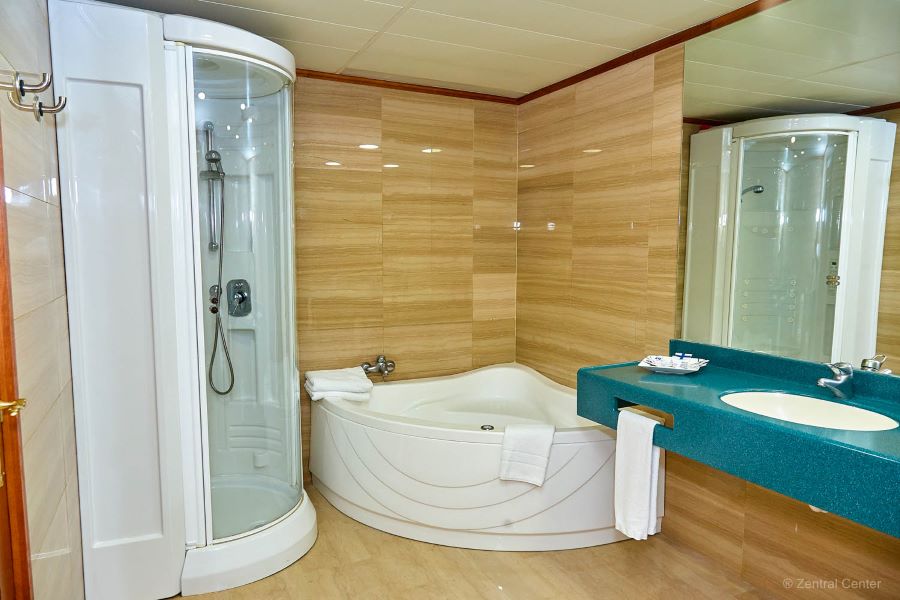 Bathroom with shower unit and separate bath at Zentral Center Hotel