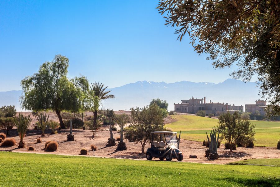 Buggy on golf course at Samanah Golf Club in Morocco