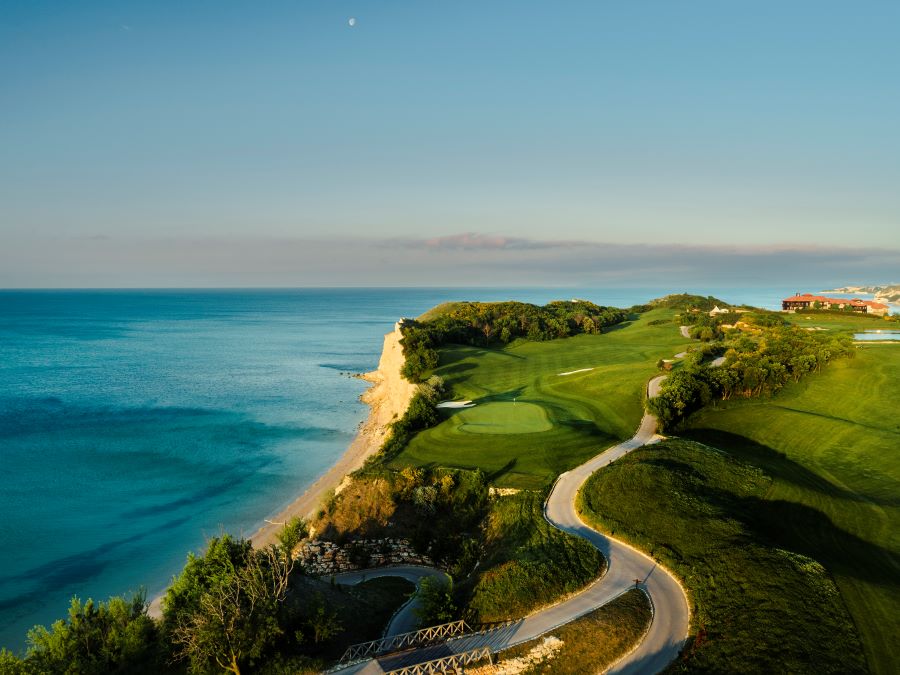 Cart path to top of cliff with golf course overlooking the sea at Thracian Cliffs Golf Course