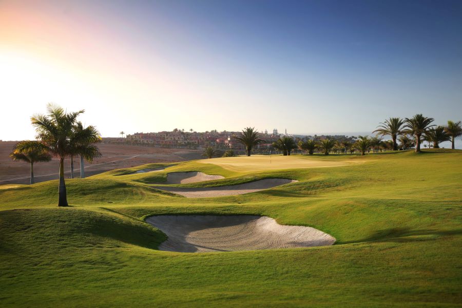 Bunkers in front of green at Lopesan Melonares Golf Course in Spain's Gran Canaria