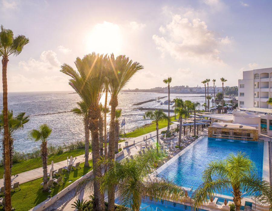 View of the board walk between the sea and the resort at Alexander The Great Beach Hotel