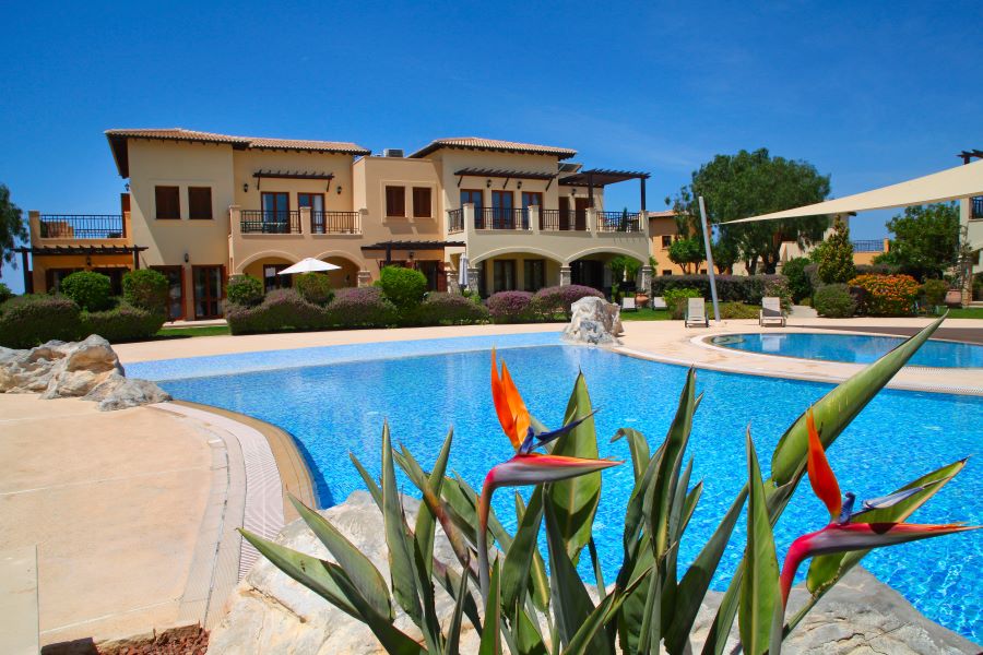 Apartments overlooking the swimming pool at Aphrodite Hills in Cyprus