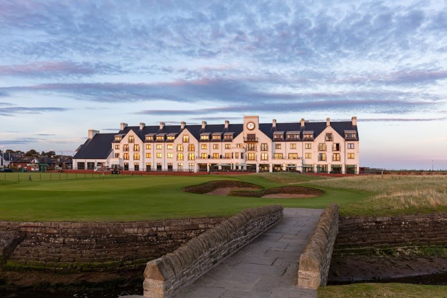Carnoustie Golf Hotel & Spa in Scotland, with footbridge across the golf course