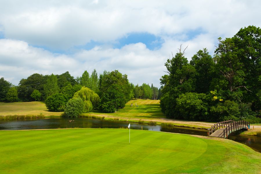 Water behind the green at Dunston Hall Golf And Spa near Norwich