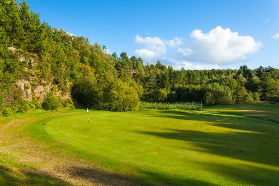 Large putting green with trees surrounding and white flag on the pin at Glasgow Westerwood Hotel, Spa & Golf Resort