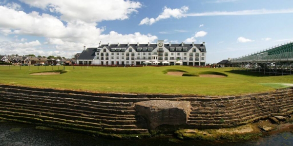 External view of Carnoustie Golf hotel and spa with the course in the foreground