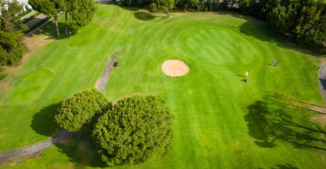 Bunker and green tree protecting the putting green at Nuevo Portil Golf in Spain