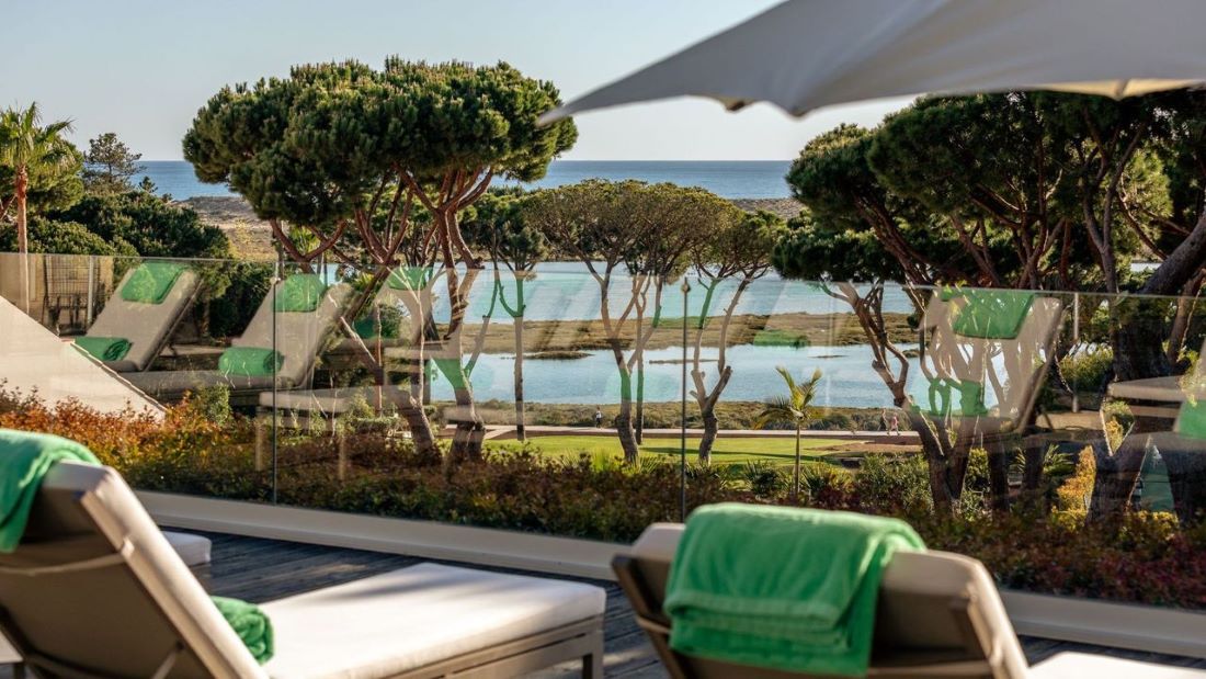 Sun loungers overlooking the water at Quinta Do Lago Hotel in the Algarve