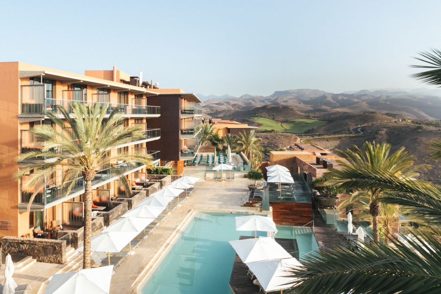 Exterior of rooms and swimming pool at Salobre Hotel Resort And Serenity in Gran Canaria, Spain