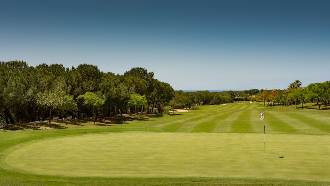 Putting green and lush fairway with trees to the left at La Quinta Golf Course near Marbella
