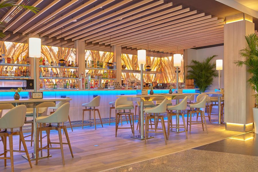 Purple lights under the bar at Melia Alicante
