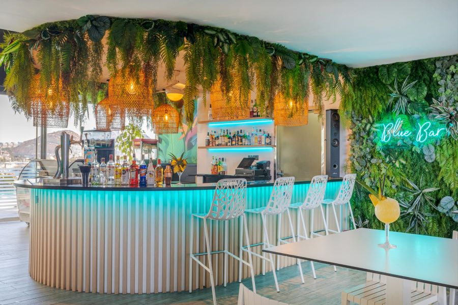 Bar with fake plants hanging at Melia Alicante Hotel