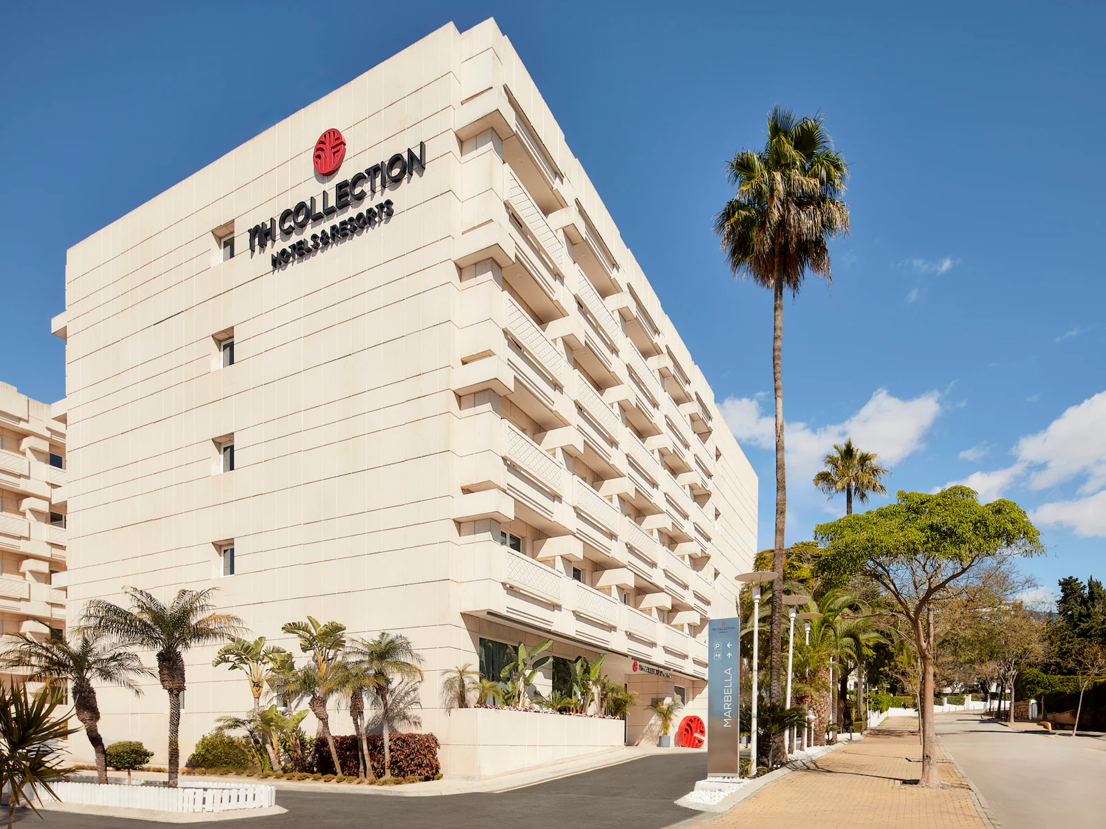 Palm tree in front of the Hotel NH Collection Marbella in Spain