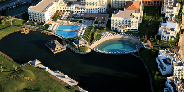 Ariel view of Domes Lake Algarve hotel in Vilamoura with man made beach