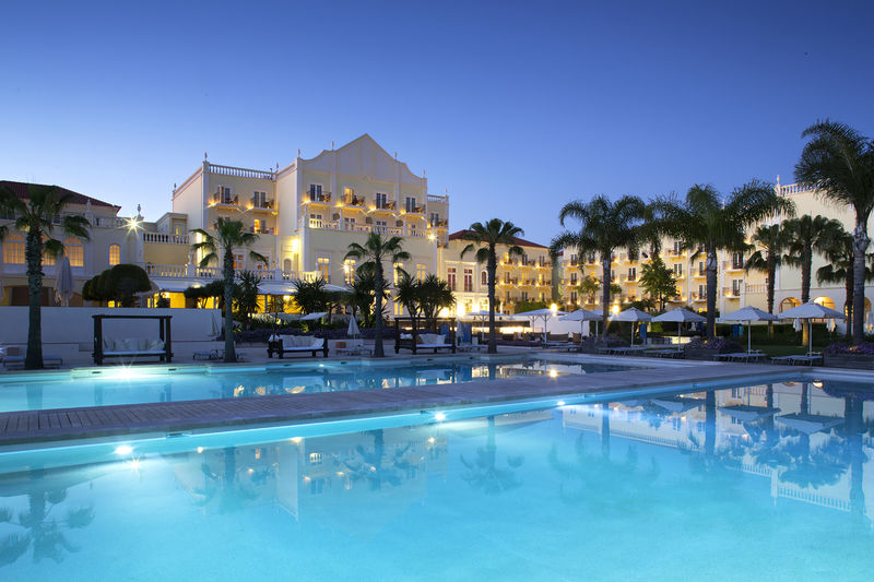 Exterior of Domes Lake Algarve hotel in Vilamoura at night