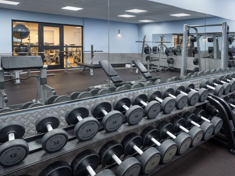 Free weights in gym at Delta Hotels by Marriott St. Pierre Country Club