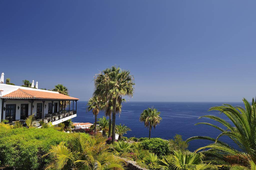 Palm trees with blue sea in the background and Hotel Jardin Tecina to the left