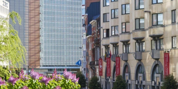 Exterior of Martin's Brussels EU with pink flowers in the foreground