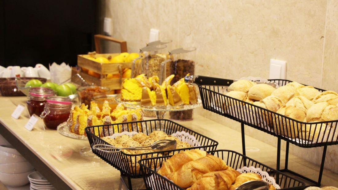Breakfast on display in the restaurant at American Diamonds Hotel in Lisbon