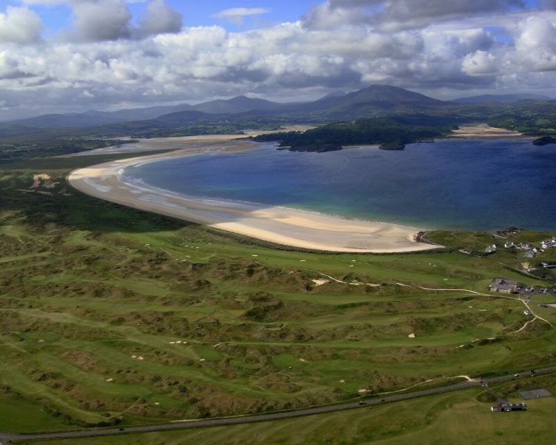 Ariel view of the golf course at Rosapenna Hotel And Golf Resort with beach and sea