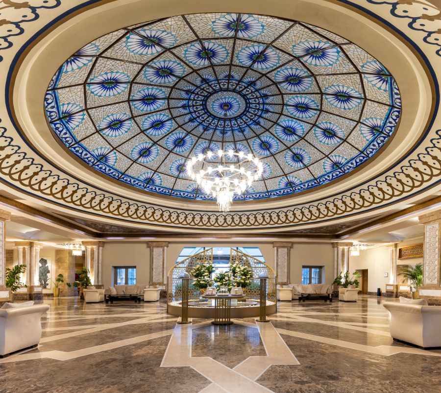 Kempinski Hotel The Dome Belek's lobby area with chandelier