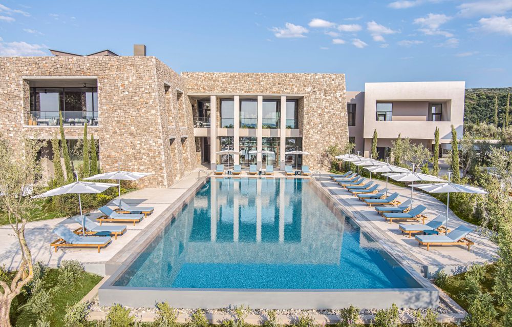 Exterior with swimming pool at W Costa Navarino in Greece