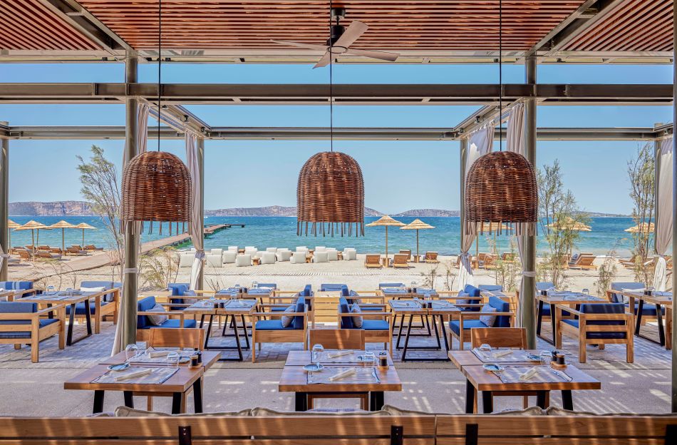 Restaurant overlooking the beach at W Costa Navarino in Greece