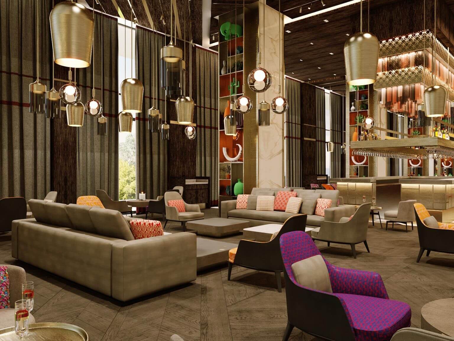Bar area at Cullinan Belek resort in Turkey with lights hanging from ceiling, purple chair, and sofas