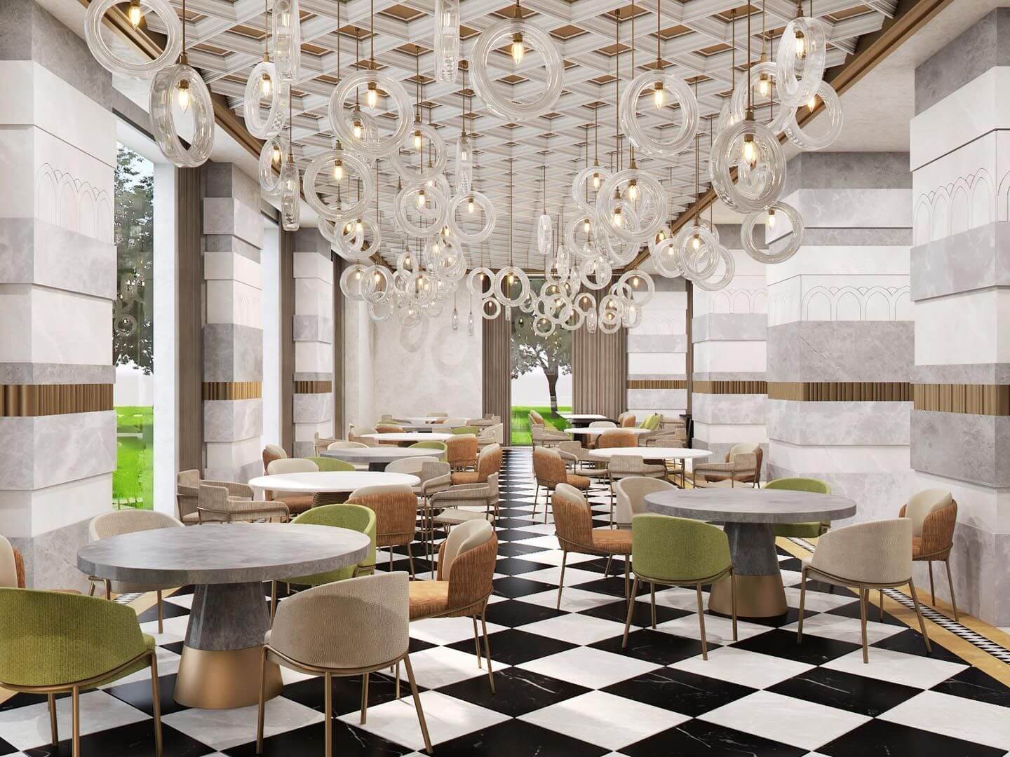 Restaurant at Cullinan Belek with black and white tiled floor, multi coloured seatsm, and grey tables
