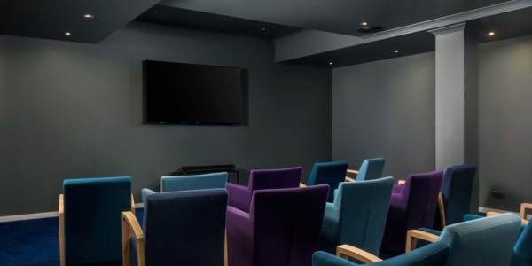 Cinema room with flat screen television, green and purple chairs, and Netflix at The Magnolia Hotel